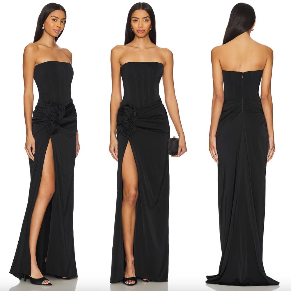 NBD | NWT Jake Gown in Black Satin Strapless Corset Maxi Dress Rosette XS